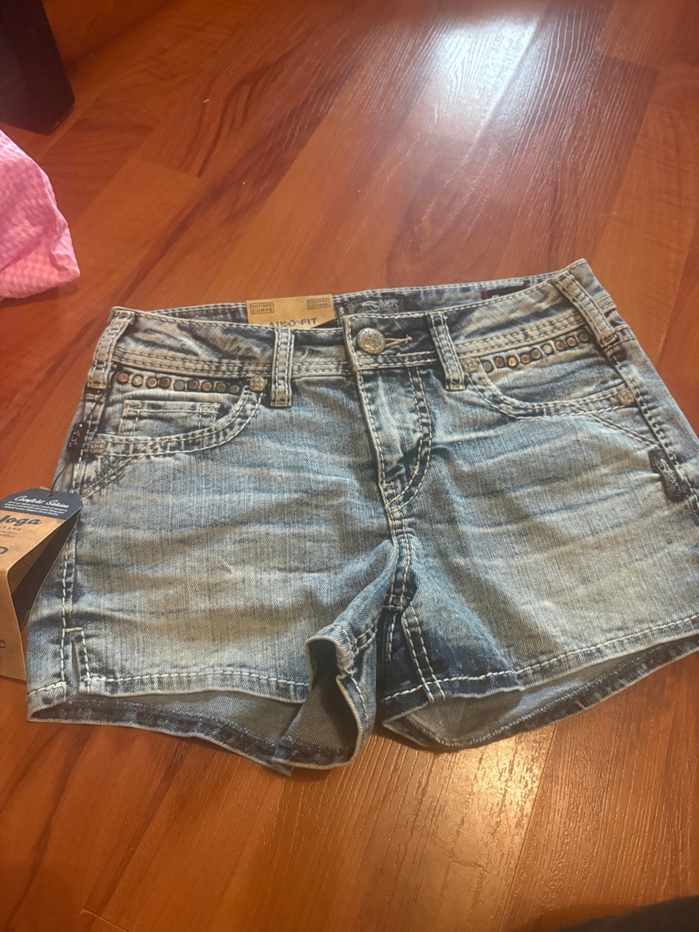 Aiko Light Wash Blue Jean Shorts with Stud Accents